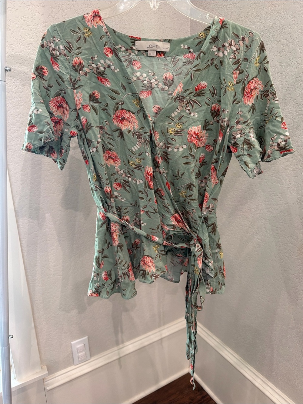 LOFT Mint Green Floral Wrap Blouse with Pink Accents